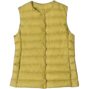 Doudoune sans manche femme jaune moutarde à plat, col rond et matelassage horizontal fin