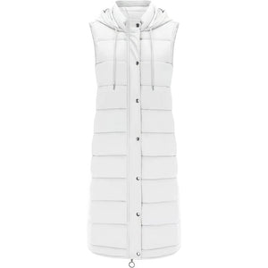Doudoune longue sans manche femme grande taille blanche à capuche, zip et pressions, vue de face