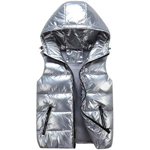 Doudoune sans manche argenté gris argent brillant, capuche et fermeture zippée centrale