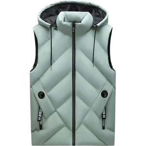 Doudoune sans Manche Crème Homme, coloris vert clair, vue de face avec capuche sur fond blanc