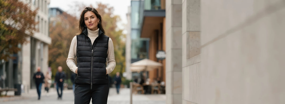 Doudoune sans Manches pour Femme, noire, portée en ville sur un col roulé beige