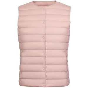 Doudoune sans manche femme violet en rose poudré, encolure ronde et boutonnage pression
