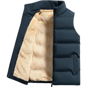 Doudoune sans Manche Fourrure Homme, coloris bleu marine, doublure en fausse fourrure crème visible