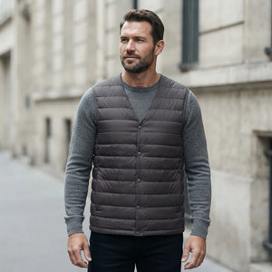 Doudoune sans manche sans col homme portee, gris, sur maille grise