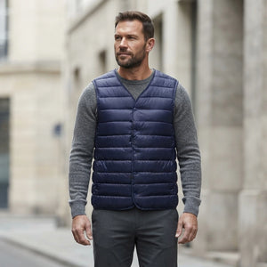 Doudoune sans manche ultra light homme bleu marine portee, encolure en V et pressions plates