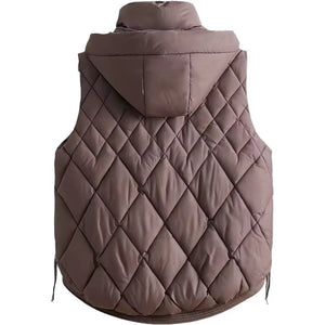 Gilet doudoune sans manche avec capuche brun café vu de dos, capuche rabattue et ourlet arrondi