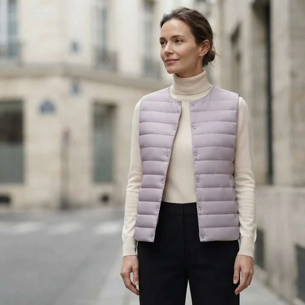 Doudoune sans manche femme violet lilas portée sur une chemise crème, coupe courte