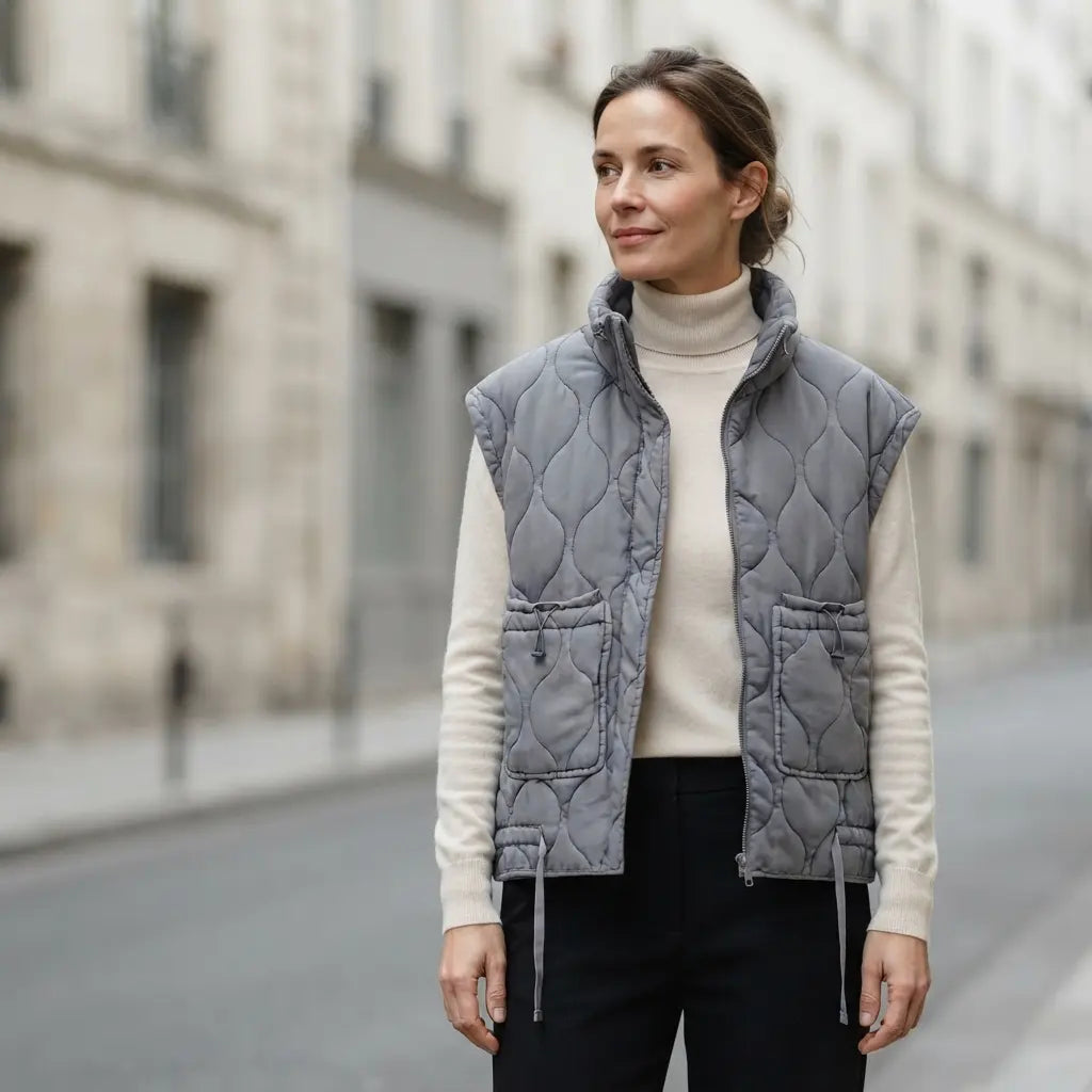 Doudoune sans manche femme gris, portée en extérieur