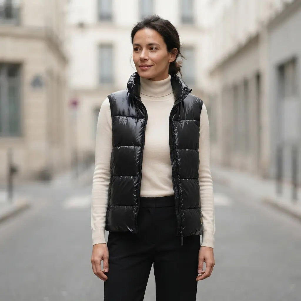 Petite doudoune sans manche femme noire, portée en extérieur