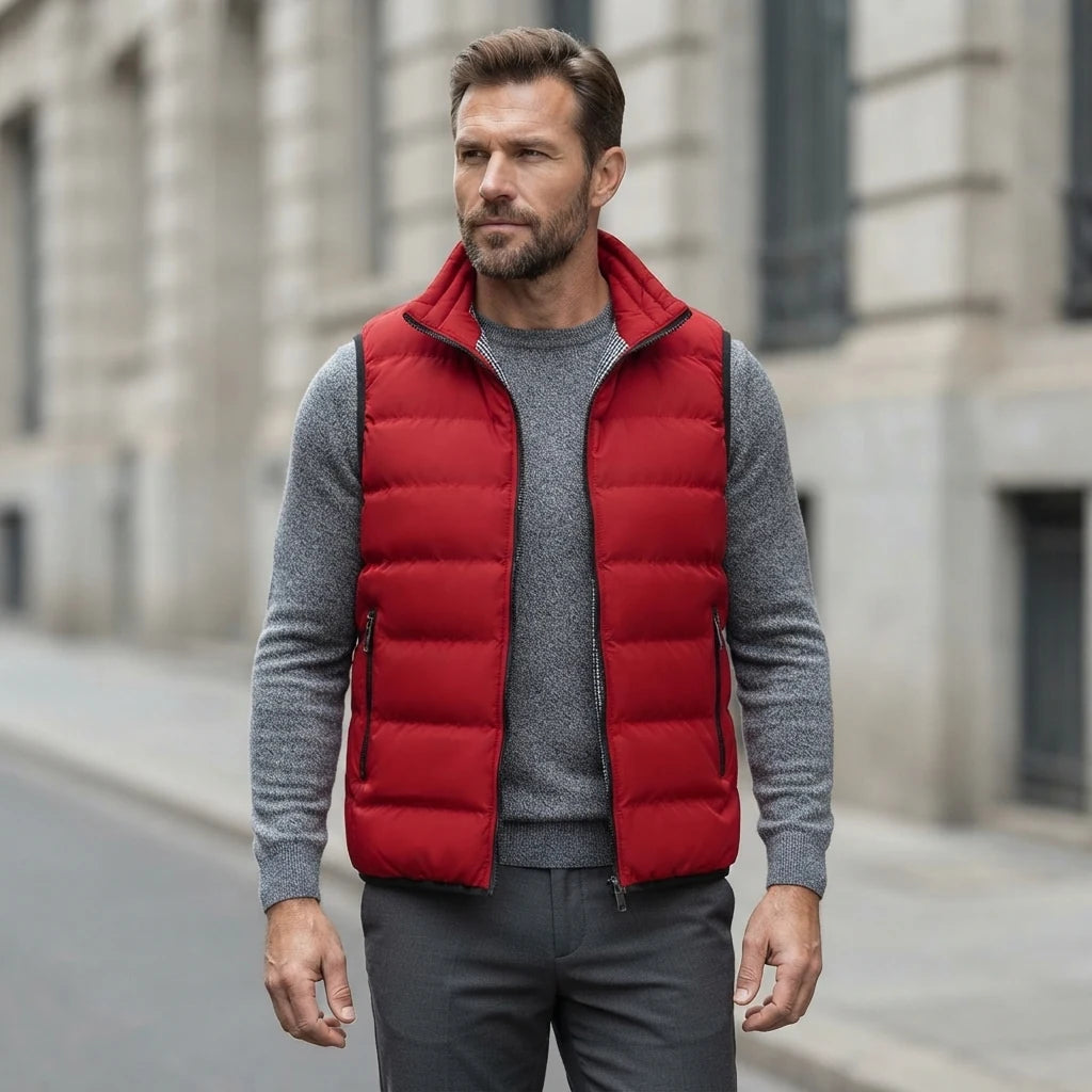 Doudoune de travail sans manche homme portee, rouge, sur maille grise