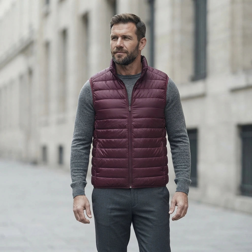 Homme portant la Doudoune Fine sans Manche bordeaux, maille col rond grise et pantalon anthracite