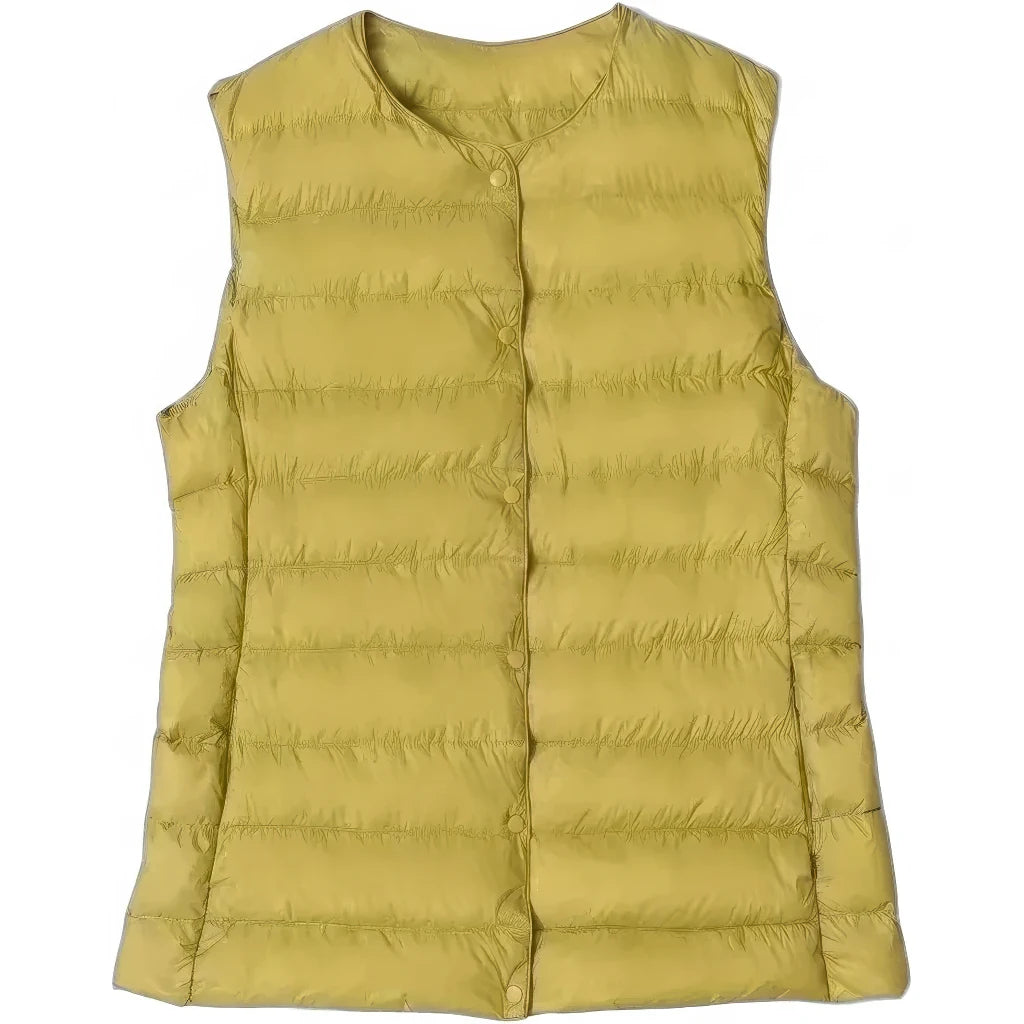 Doudoune sans manche femme jaune moutarde à plat, col rond et matelassage horizontal fin