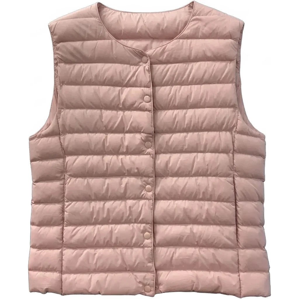 Doudoune sans manche femme rose poudré à plat, encolure ronde et pressions apparentes sur le devant