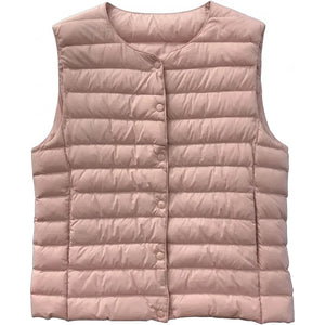 Doudoune sans manche femme rose poudré à plat, encolure ronde et pressions apparentes sur le devant