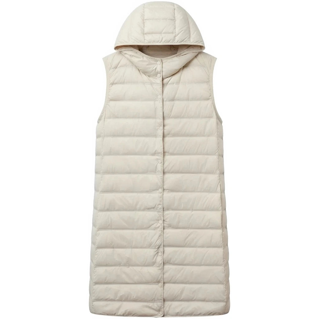 Doudoune longue beige sans manche femme, vue de face