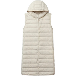 Doudoune longue beige sans manche femme, vue de face