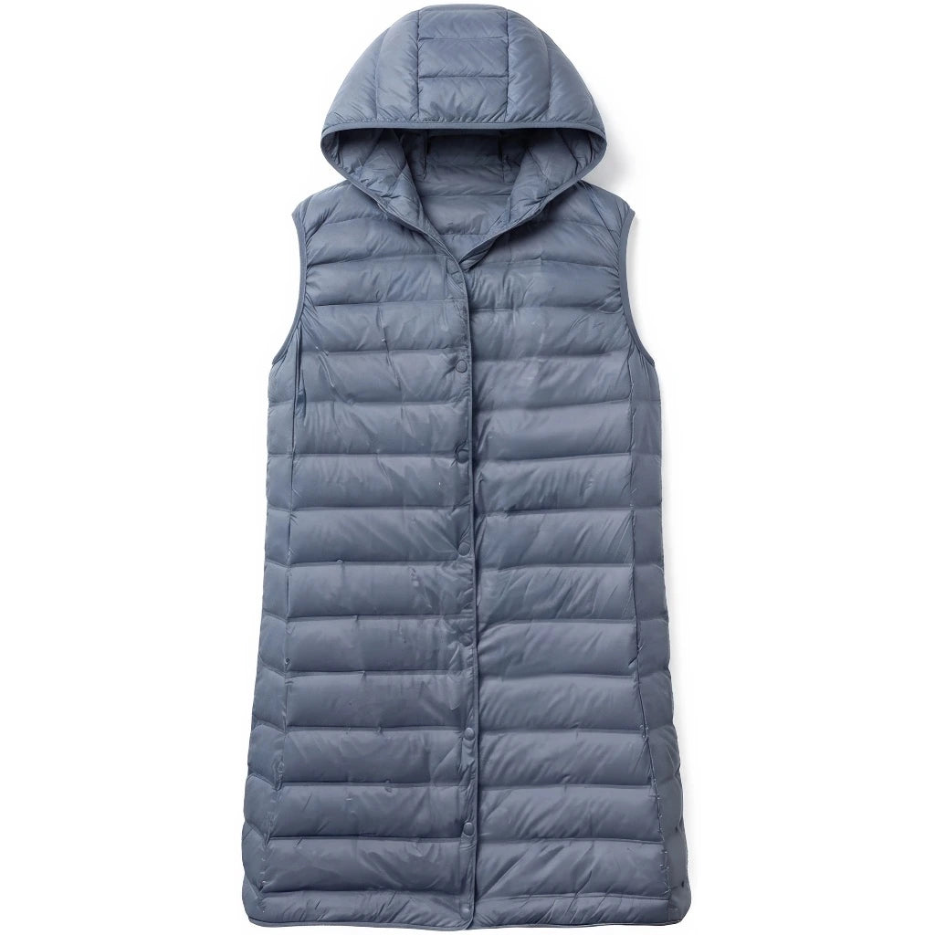 Doudoune longue sans manche femme bleue, vue de face