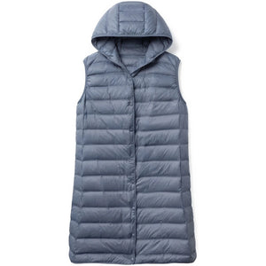 Doudoune longue sans manche femme bleue, vue de face