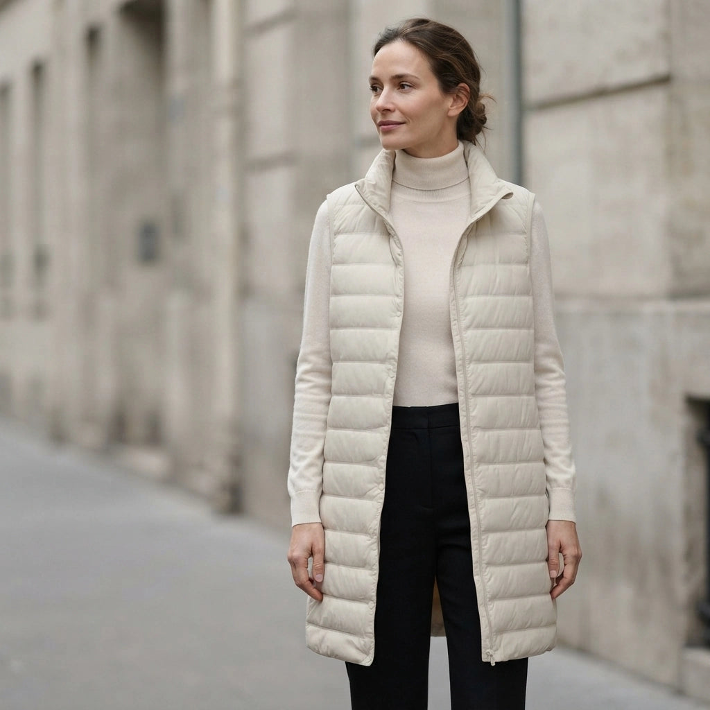Doudoune longue beige sans manche femme portee, capuche et ligne longue jusqu'a la cuisse