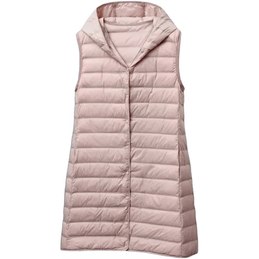 Doudoune longue sans manche femme rose, vue de face