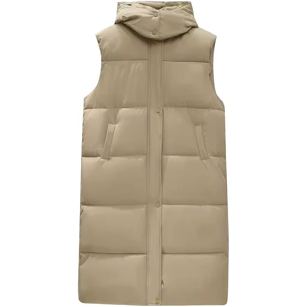 Doudoune longue sans manche avec capuche beige à plat, rangée de pressions et poches passepoilées