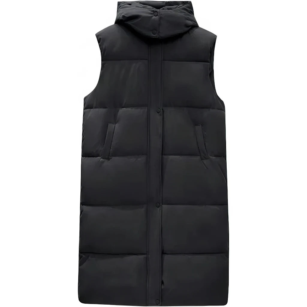 Doudoune longue sans manche avec capuche noire à plat, capuche montante et matelassage large