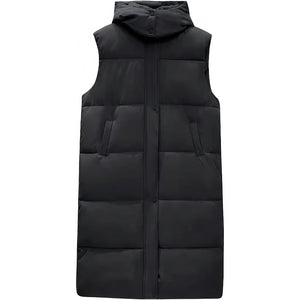 Doudoune longue sans manche avec capuche noire à plat, capuche montante et matelassage large