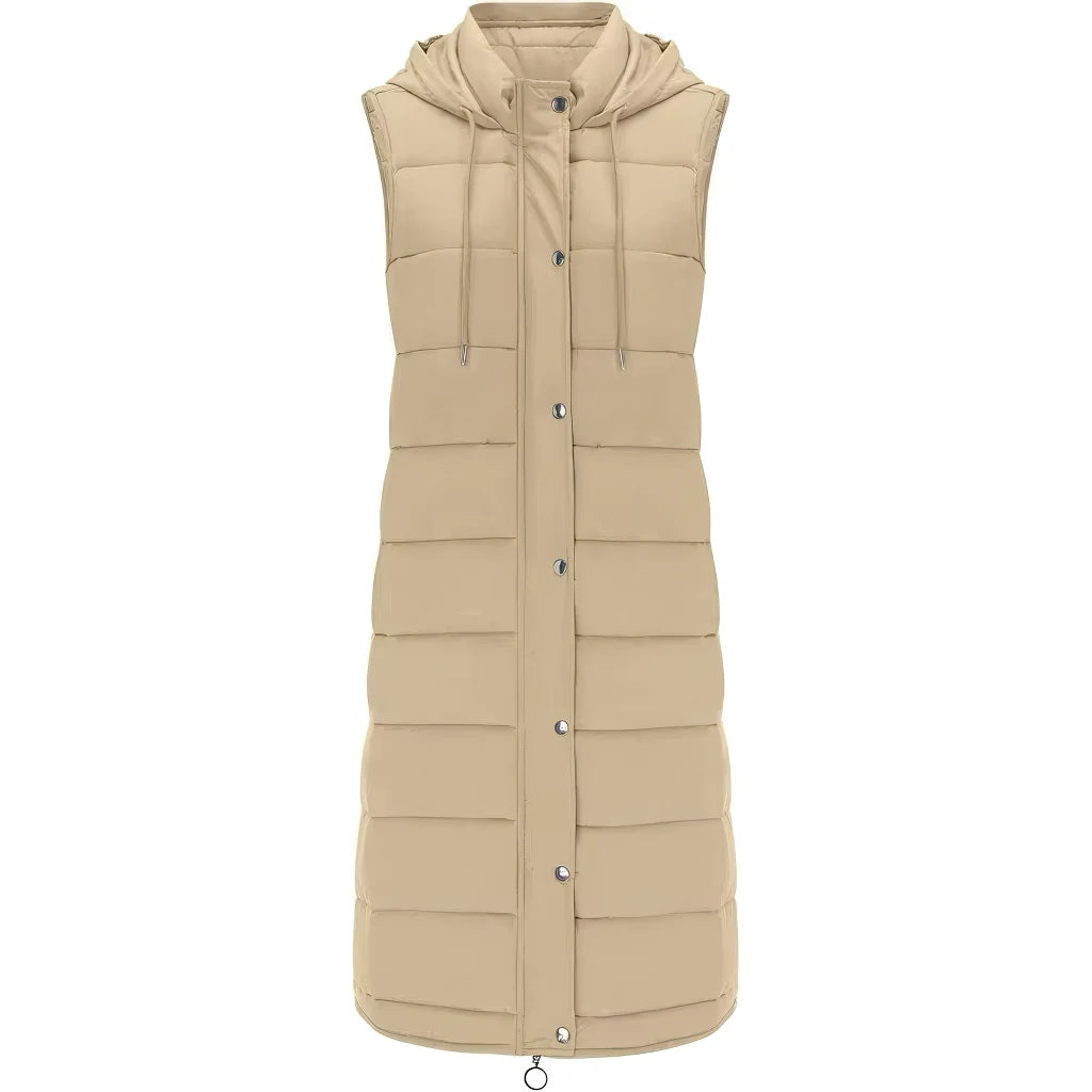 Doudoune longue sans manche femme grande taille beige à capuche, zip et pressions, vue de face