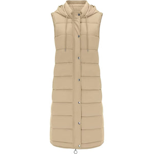 Doudoune longue sans manche femme grande taille beige à capuche, zip et pressions, vue de face