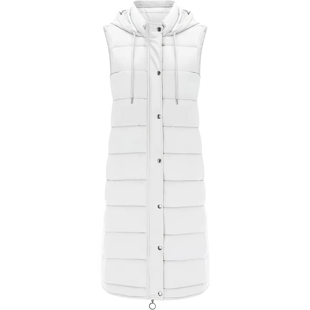 Doudoune longue sans manche femme grande taille blanche à capuche, zip et pressions, vue de face