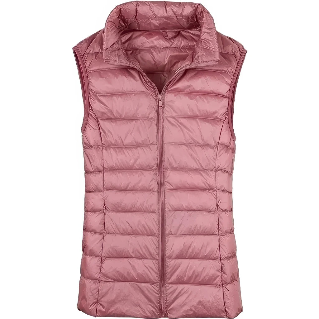 Doudoune plume sans manche femme rose poudré, col montant et fermeture zippée, vue de face