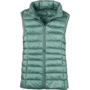 Doudoune plume sans manche femme vert sauge, col montant et matelassage horizontal