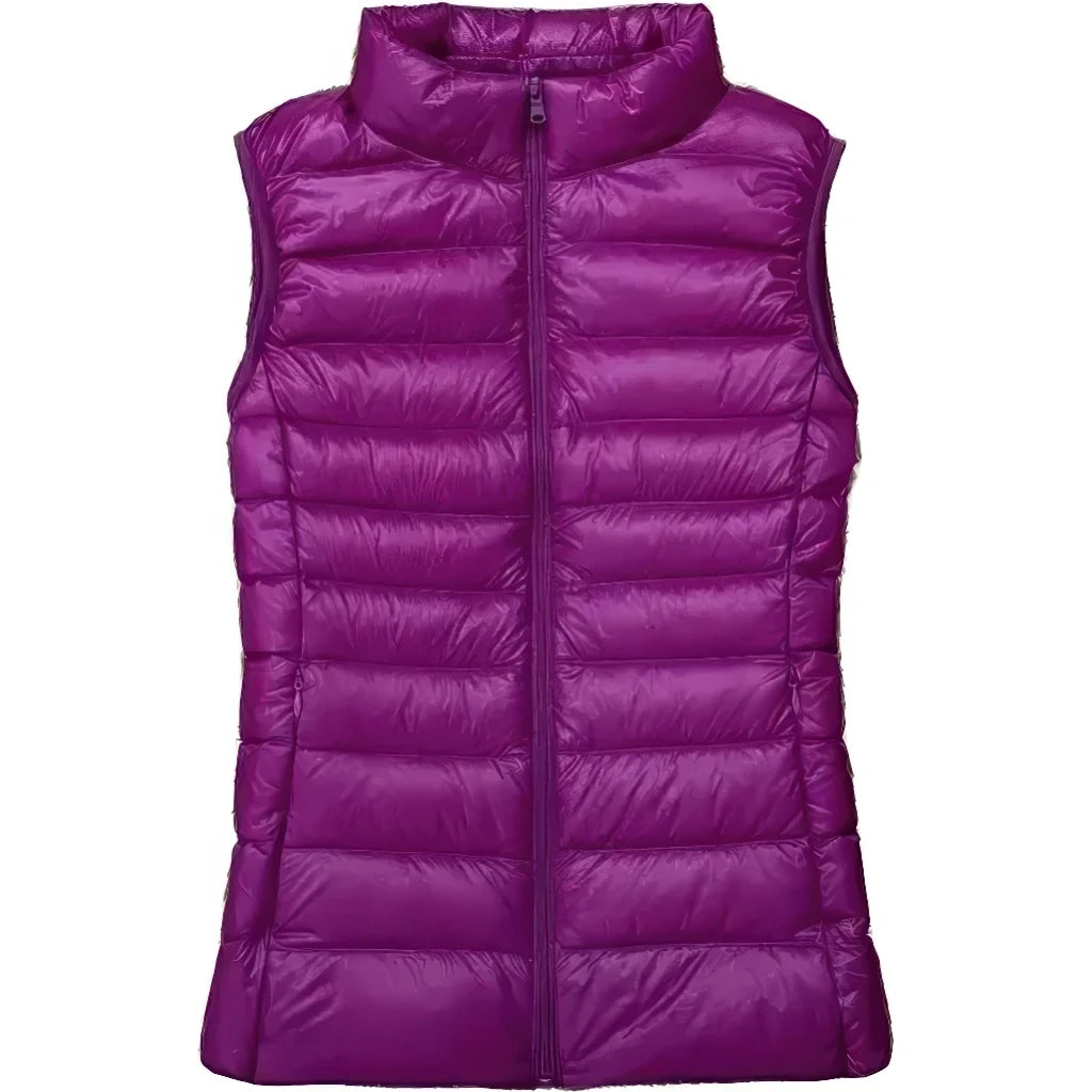 Doudoune plume sans manche femme violet prune, coupe ajustée et fermeture zippée