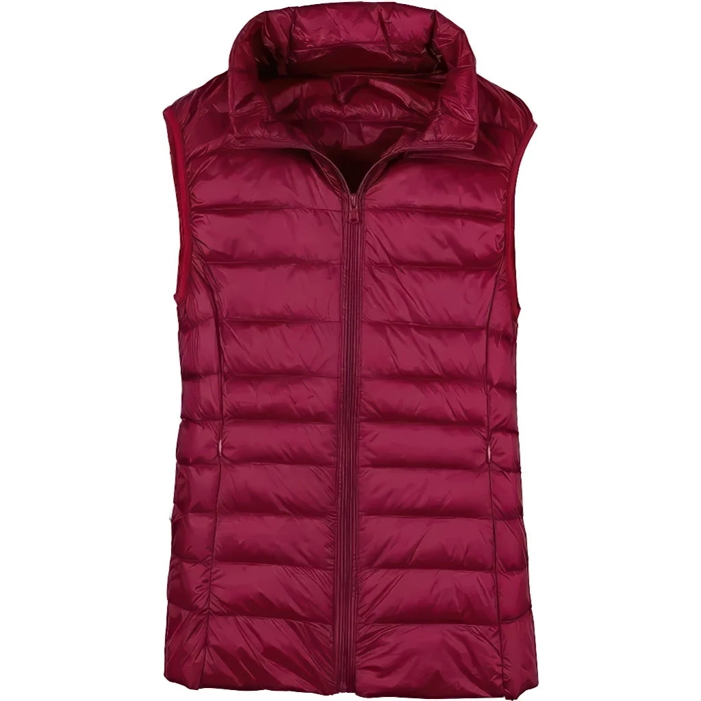 Doudoune plume sans manche femme rouge bordeaux, col montant et matelassage horizontal fin