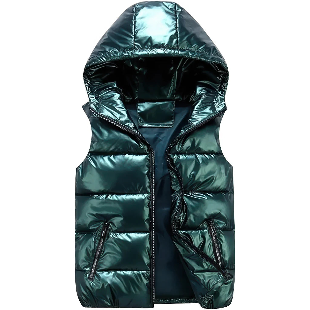 Doudoune sans manche argenté vert sapin brillant, capuche et matelassage vertical