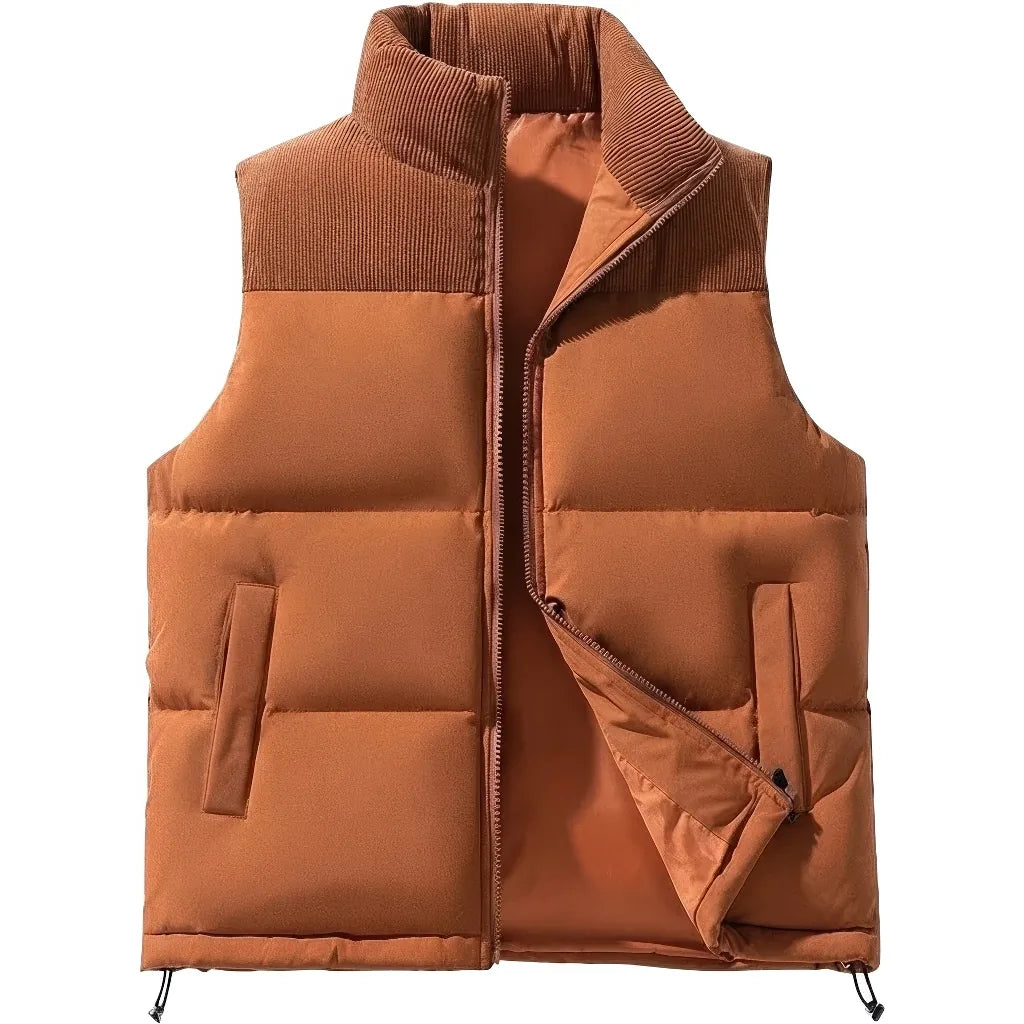 Doudoune sans manche beige homme, brique, empiecement velours cotele