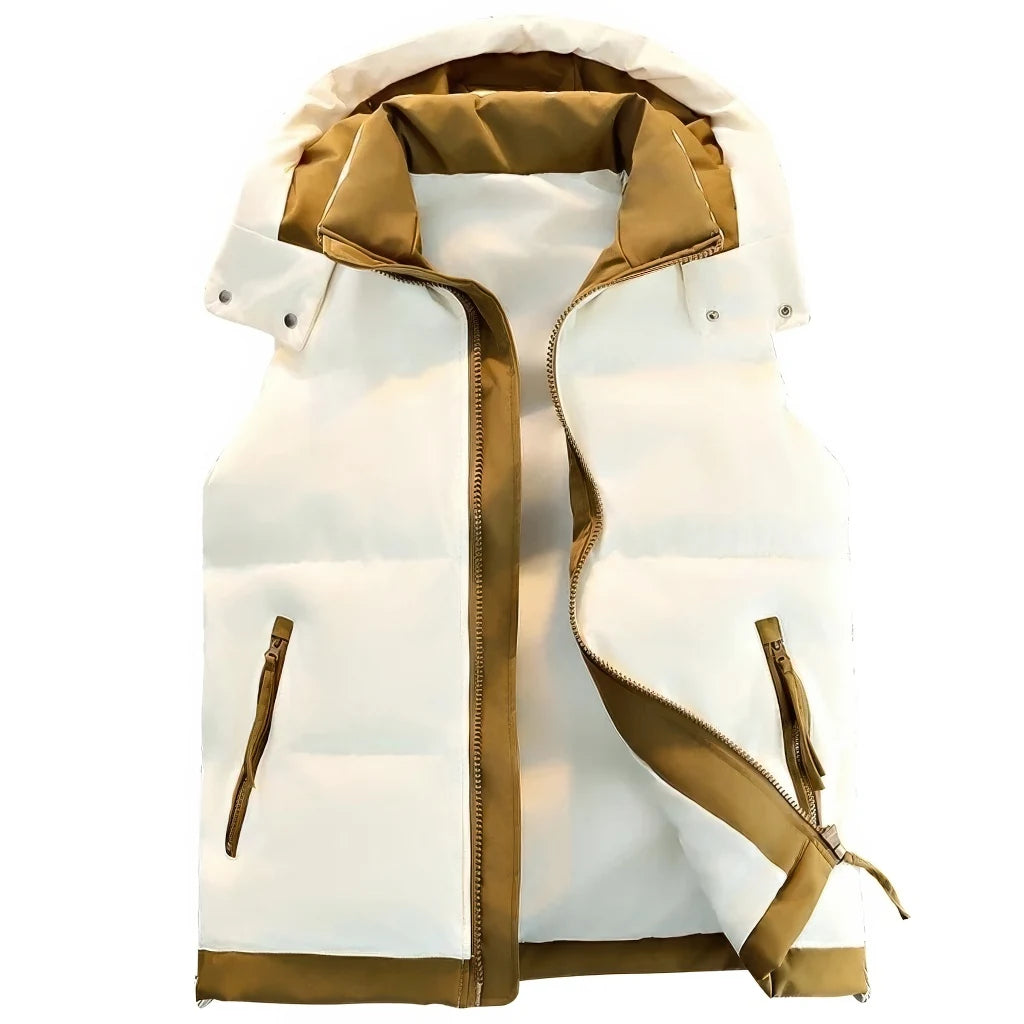 Doudoune sans Manche Bicolore Homme, coloris beige et caramel, vue de face avec capuche sur fond blanc