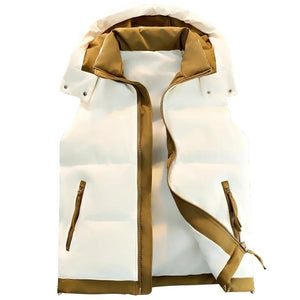 Doudoune sans Manche Bicolore Homme, coloris beige et caramel, vue de face avec capuche sur fond blanc