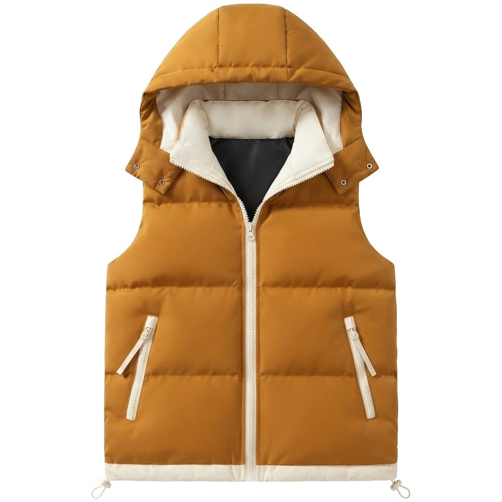 Doudoune sans Manche Bicolore Homme, coloris caramel et blanc, vue de face avec capuche sur fond blanc