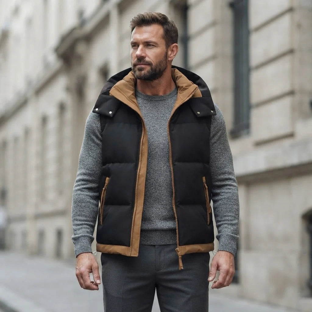Homme portant la Doudoune sans Manche bicolore noir et caramel, maille col rond grise et pantalon anthracite
