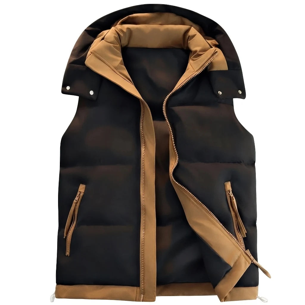 Doudoune sans Manche Bicolore Homme, coloris noir et caramel, vue de face avec capuche sur fond blanc