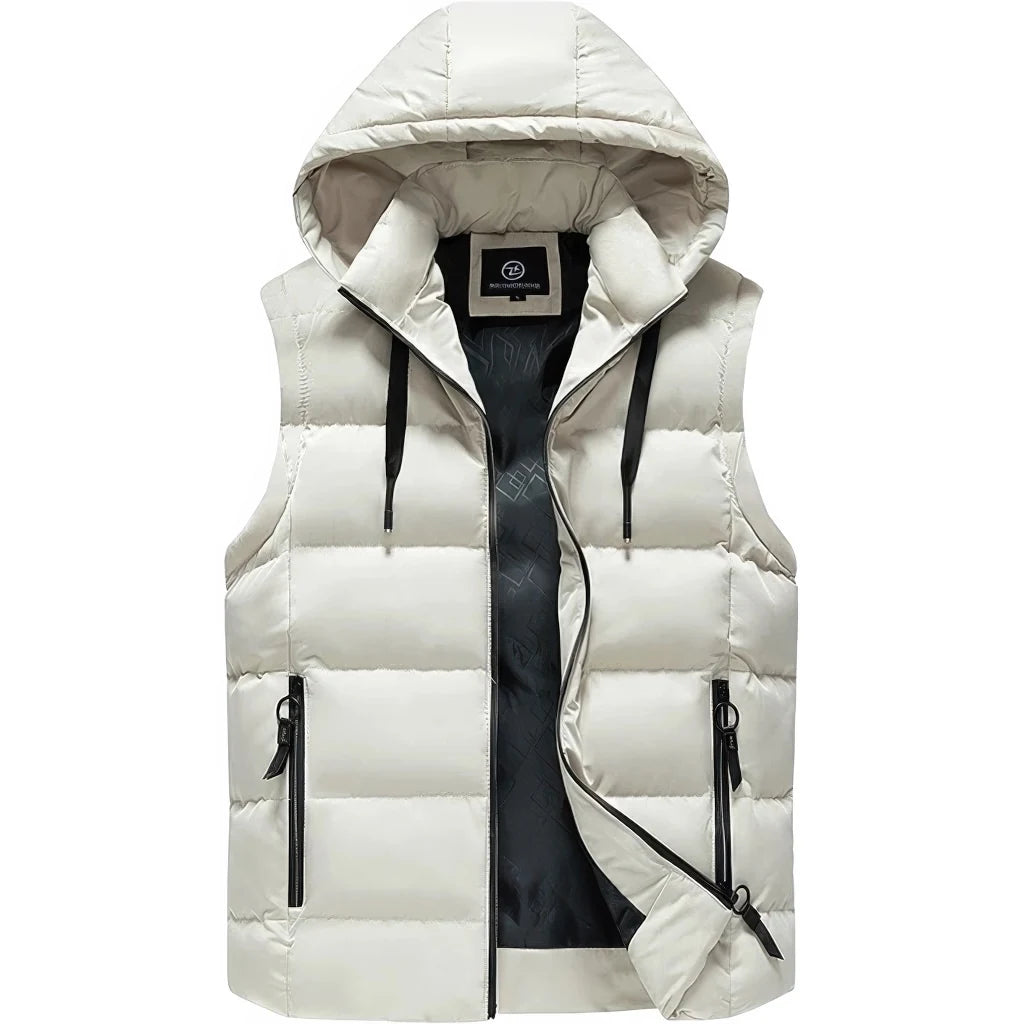 Doudoune sans manche blanche homme, capuche amovible en place, vue de face