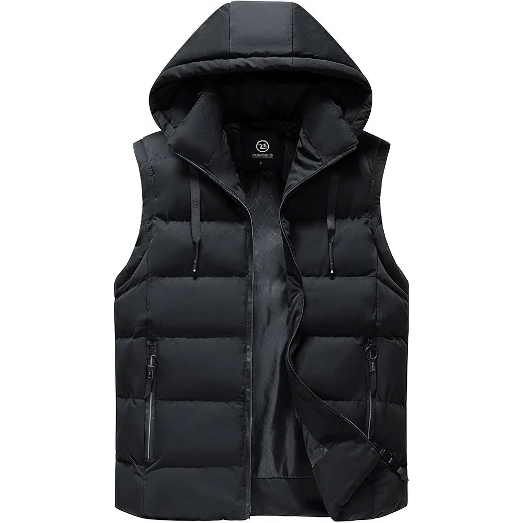 Doudoune sans manche blanche homme coloris noir, capuche en place, vue de face
