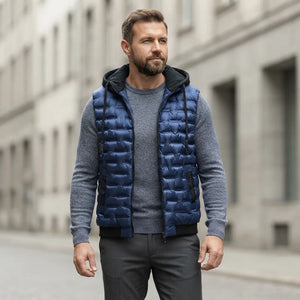 Doudoune sans manche bleu roi homme portee, bleu roi, capuche rabattue, sur maille grise