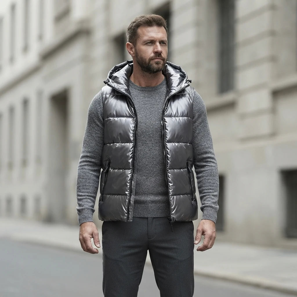 Homme portant la Doudoune sans Manche Brillante argentée, maille col rond grise et pantalon anthracite