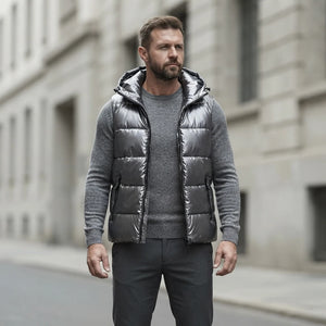 Homme portant la Doudoune sans Manche Brillante argentée, maille col rond grise et pantalon anthracite