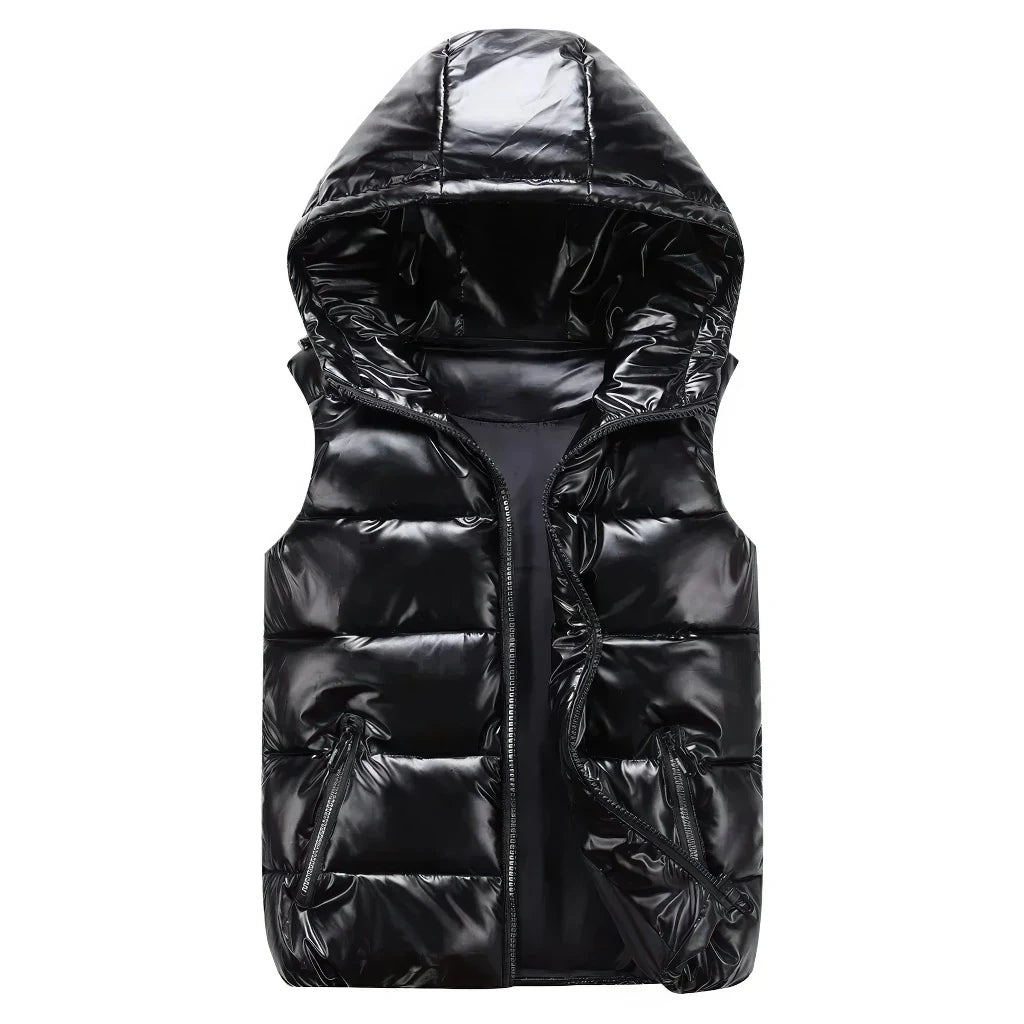 Doudoune sans Manche Brillante Homme, coloris noir, vue de face avec capuche sur fond blanc