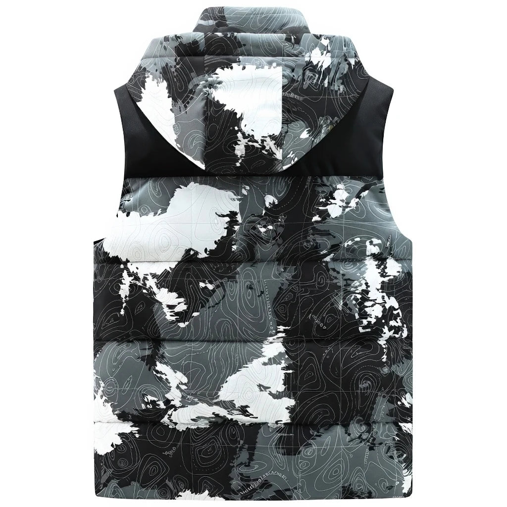 Doudoune sans Manche Camouflage Homme, coloris noir, vue de dos avec capuche