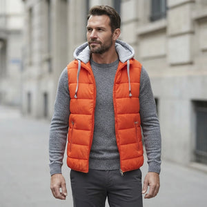 Doudoune sans manche capuche amovible homme coloris orange portée par un mannequin en extérieur