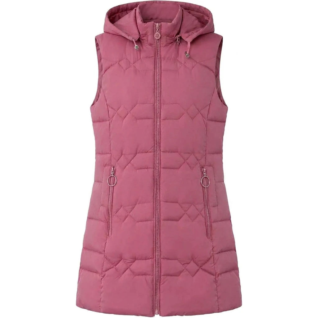 Doudoune sans manche capuche amovible rose, zip central et deux poches zippées, vue de face